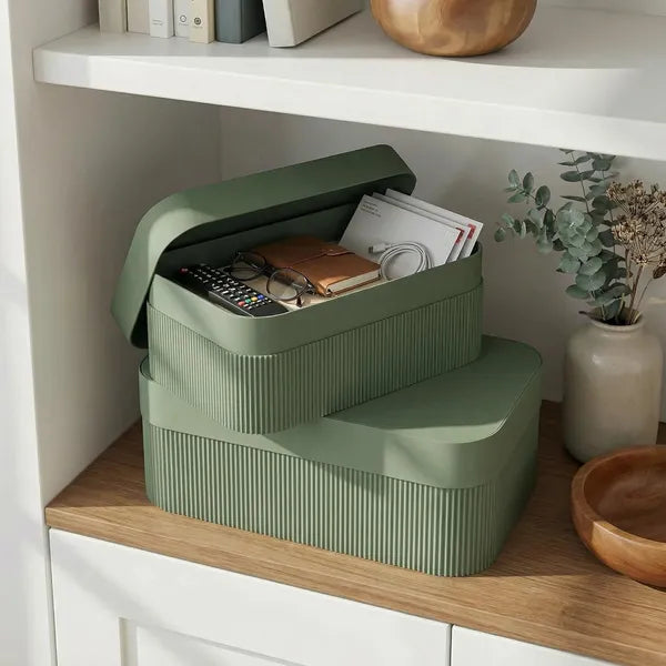 Elegant Corrugated Cardboard Storage Boxes with Lids, Set of 2, Stackable Organizer Bins for Home, Shelf & Office Decor