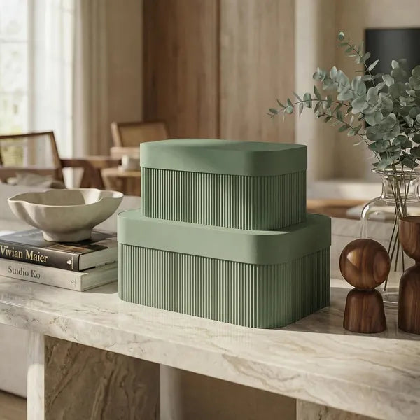 Elegant Corrugated Cardboard Storage Boxes with Lids, Set of 2, Stackable Organizer Bins for Home, Shelf & Office Decor