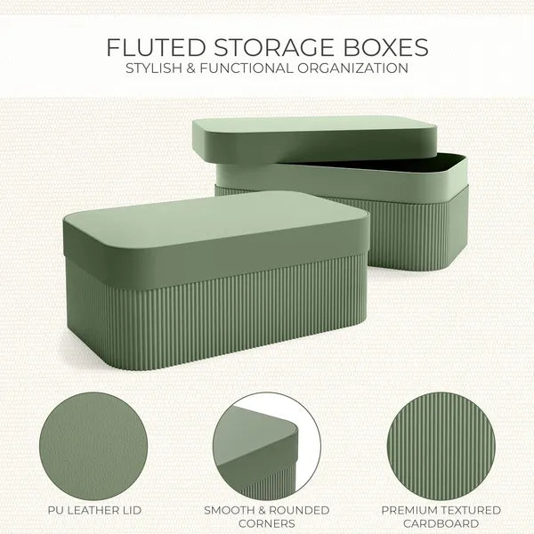 Elegant Corrugated Cardboard Storage Boxes with Lids, Set of 2, Stackable Organizer Bins for Home, Shelf & Office Decor