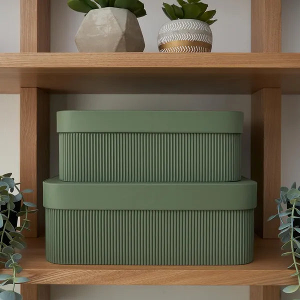 Elegant Corrugated Cardboard Storage Boxes with Lids, Set of 2, Stackable Organizer Bins for Home, Shelf & Office Decor