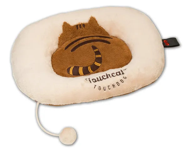Plush Pet Bed with Raised Bolster & Attached Pom Toy, 23.62 x 19.68 x 4.1 in, Cream/Brown
