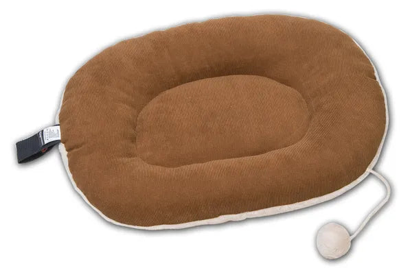 Plush Pet Bed with Raised Bolster & Attached Pom Toy, 23.62 x 19.68 x 4.1 in, Cream/Brown