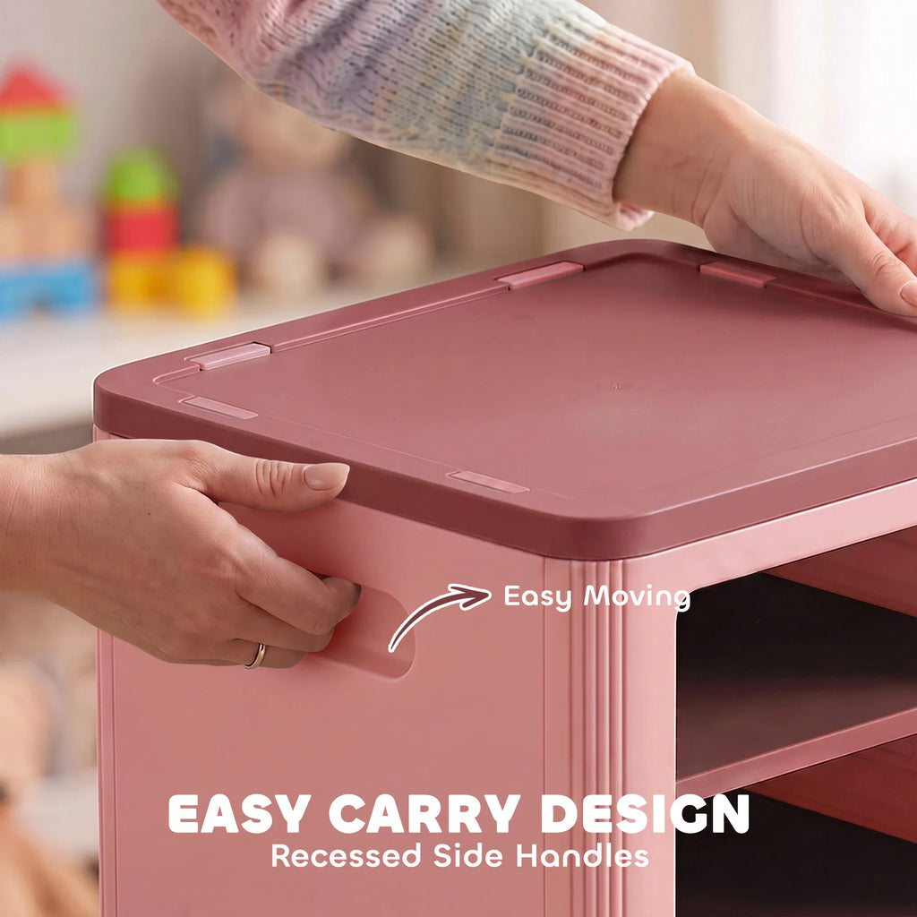 3-Tier Kids Toy Storage Cabinet with Adjustable Shelves, Clear Door and Side Handles, Pink Organizer for Books and Playroom