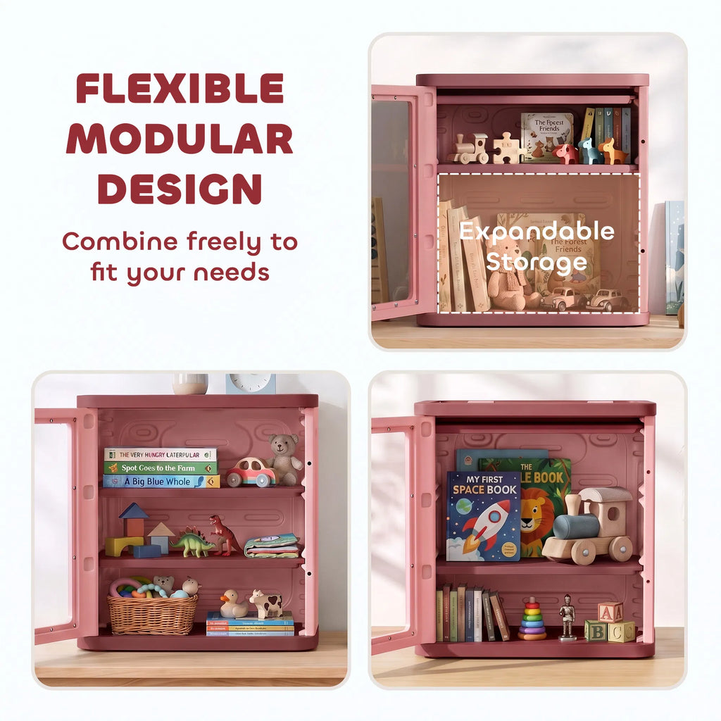 3-Tier Kids Toy Storage Cabinet with Adjustable Shelves, Clear Door and Side Handles, Pink Organizer for Books and Playroom