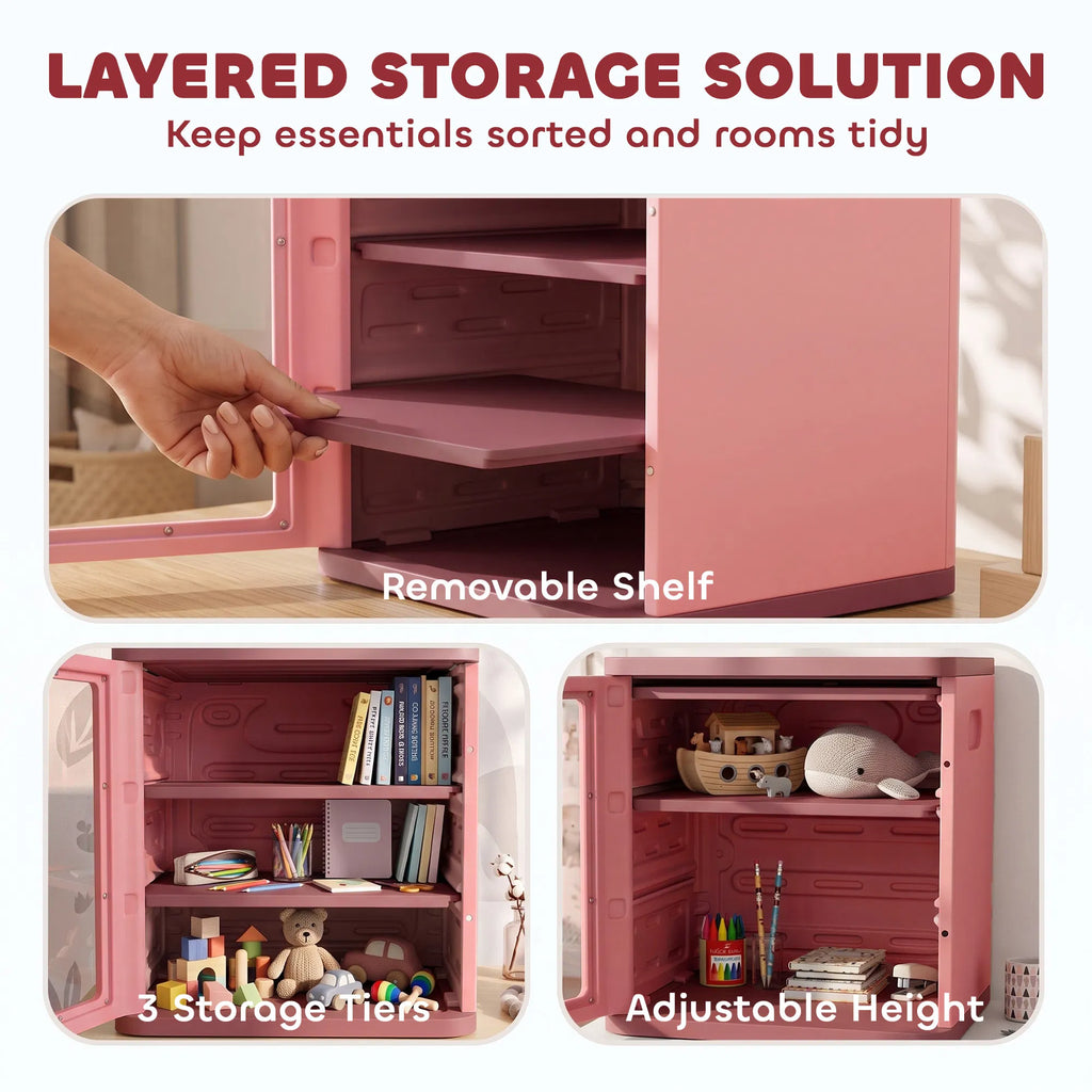 3-Tier Kids Toy Storage Cabinet with Adjustable Shelves, Clear Door and Side Handles, Pink Organizer for Books and Playroom