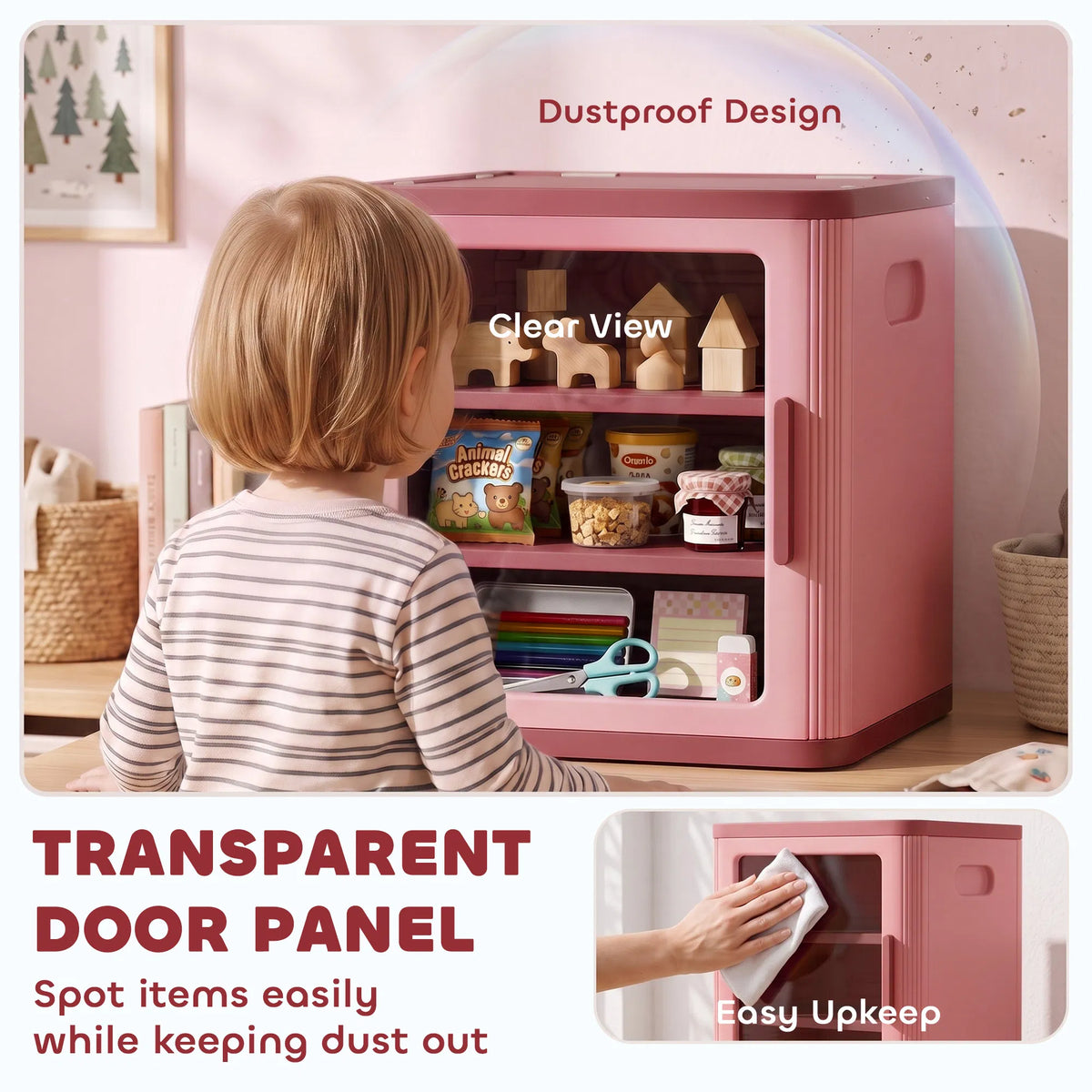 3-Tier Kids Toy Storage Cabinet with Adjustable Shelves, Clear Door and Side Handles, Pink Organizer for Books and Playroom