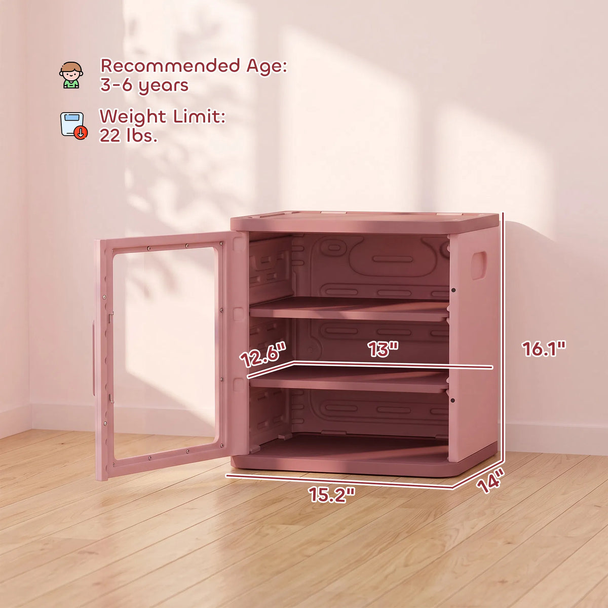 3-Tier Kids Toy Storage Cabinet with Adjustable Shelves, Clear Door and Side Handles, Pink Organizer for Books and Playroom