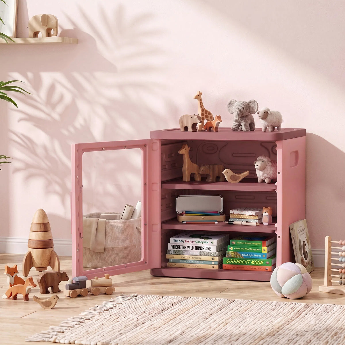 3-Tier Kids Toy Storage Cabinet with Adjustable Shelves, Clear Door and Side Handles, Pink Organizer for Books and Playroom