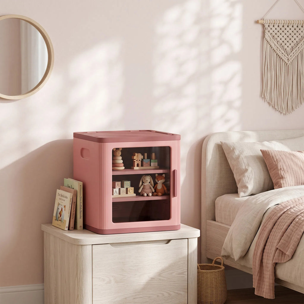3-Tier Kids Toy Storage Cabinet with Adjustable Shelves, Clear Door and Side Handles, Pink Organizer for Books and Playroom
