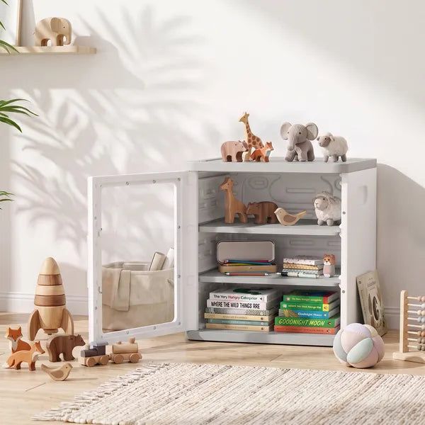 Aeelleea 3 Tier Toy Storage Organizer Cabinet, Dustproof HDPE Plastic with Transparent Door, White Kids Toy Bin