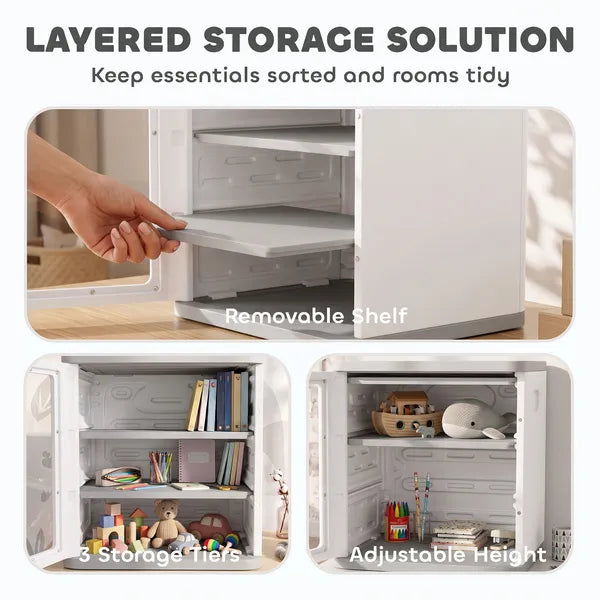 Aeelleea 3 Tier Toy Storage Organizer Cabinet, Dustproof HDPE Plastic with Transparent Door, White Kids Toy Bin