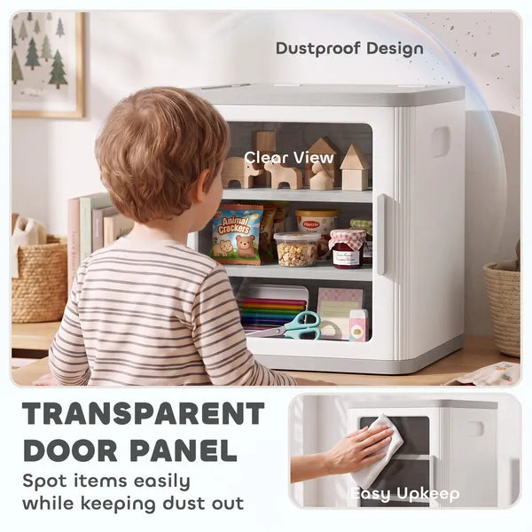 Aeelleea 3 Tier Toy Storage Organizer Cabinet, Dustproof HDPE Plastic with Transparent Door, White Kids Toy Bin