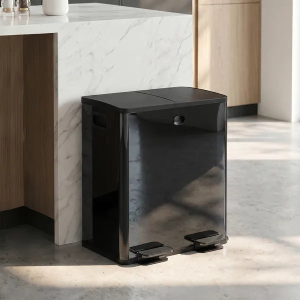 Black Stainless Steel Dual 5 Gallon Trash Can, Soft Close Stay Open Lid, Foot Pedal & Removable Inner Bucket, Recycling Waste Bin