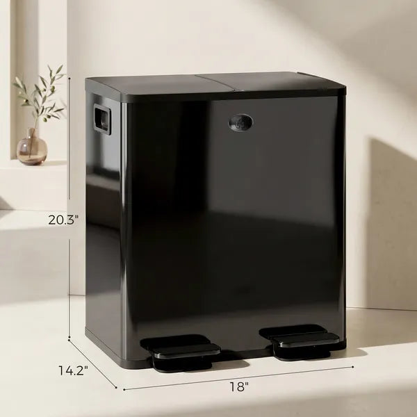 Black Stainless Steel Dual 5 Gallon Trash Can, Soft Close Stay Open Lid, Foot Pedal & Removable Inner Bucket, Recycling Waste Bin