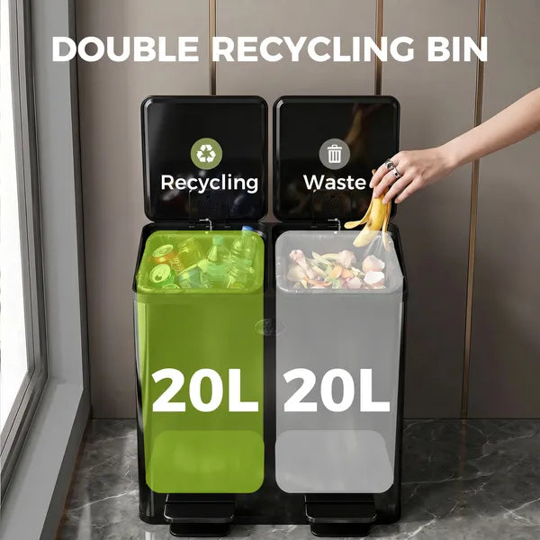 Black Stainless Steel Dual 5 Gallon Trash Can, Soft Close Stay Open Lid, Foot Pedal & Removable Inner Bucket, Recycling Waste Bin