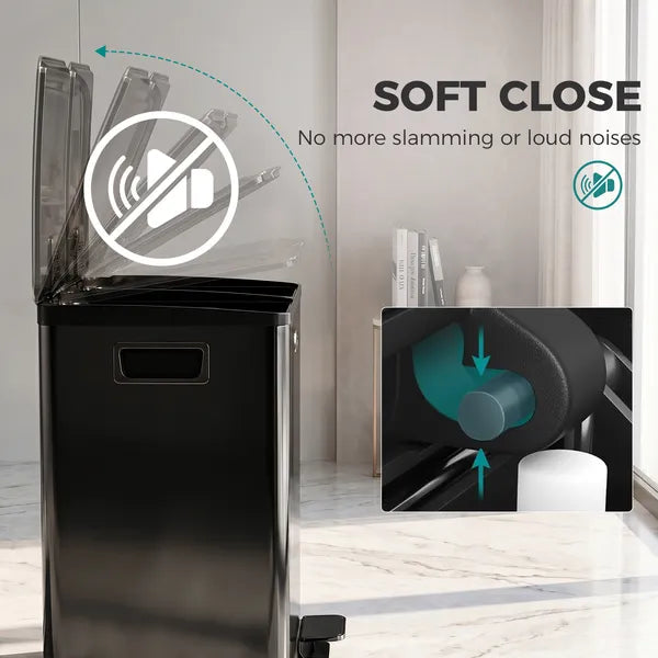 Black Stainless Steel Dual 5 Gallon Trash Can, Soft Close Stay Open Lid, Foot Pedal & Removable Inner Bucket, Recycling Waste Bin