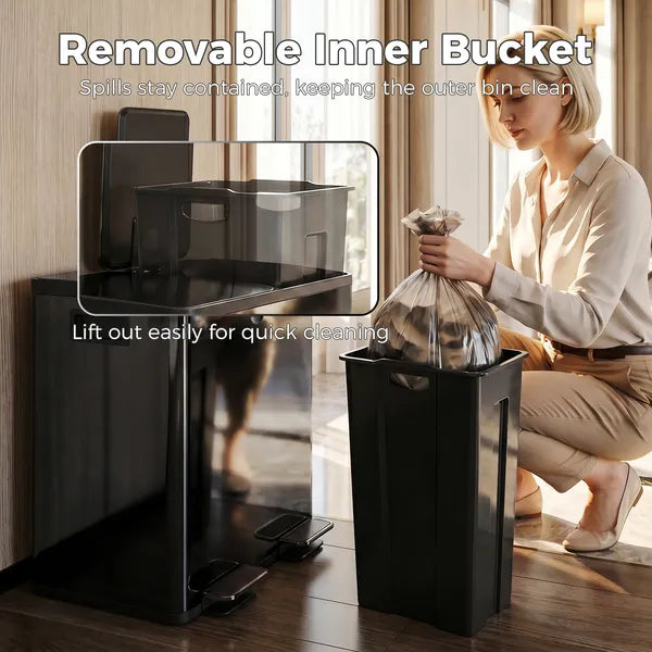 Black Stainless Steel Dual 5 Gallon Trash Can, Soft Close Stay Open Lid, Foot Pedal & Removable Inner Bucket, Recycling Waste Bin