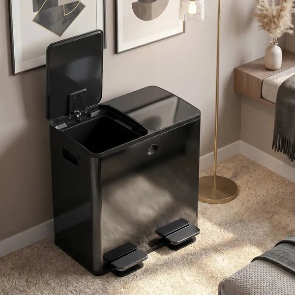 Black Stainless Steel Dual 5 Gallon Trash Can, Soft Close Stay Open Lid, Foot Pedal & Removable Inner Bucket, Recycling Waste Bin