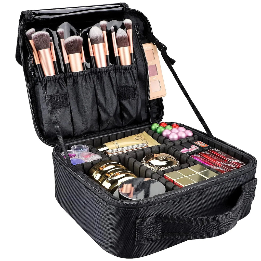 Travel Makeup Organizer Bag with Adjustable Dividers, Brush Compartment and Dust Cover. Portable Cosmetic Storage Toiletry Box for Women, Fits Makeup, Jewelry and Accessories