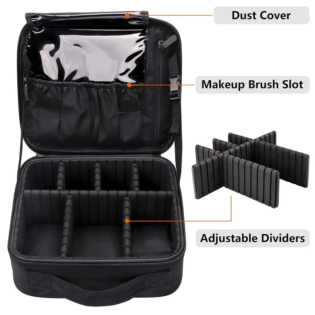 Travel Makeup Organizer Bag with Adjustable Dividers, Brush Compartment and Dust Cover. Portable Cosmetic Storage Toiletry Box for Women, Fits Makeup, Jewelry and Accessories