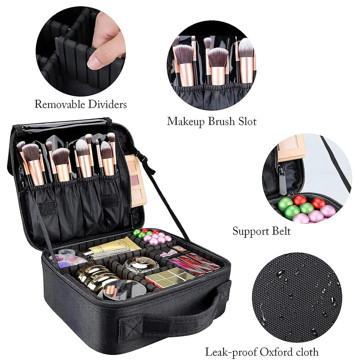 Travel Makeup Organizer Bag with Adjustable Dividers, Brush Compartment and Dust Cover. Portable Cosmetic Storage Toiletry Box for Women, Fits Makeup, Jewelry and Accessories