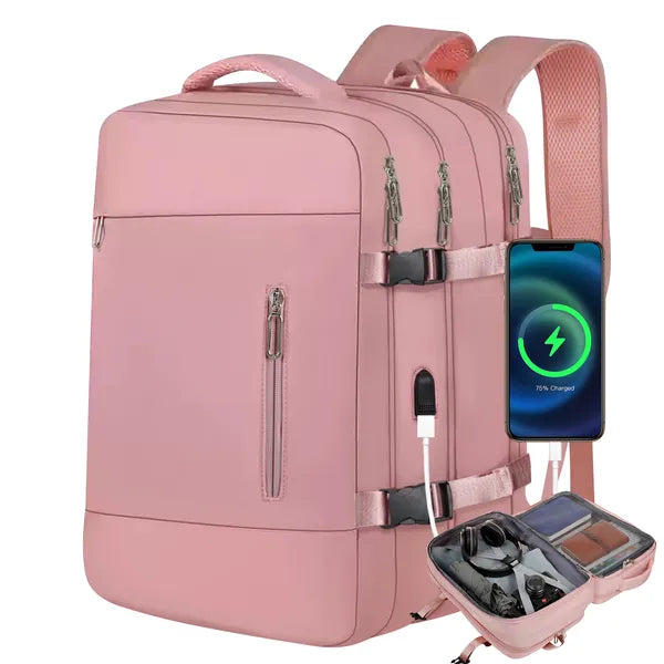 Expandable Travel Laptop Backpack for 15.6" Laptop, Water-Resistant Carry-On Personal Item Bag with USB Port & Shoe Compartment, Pink