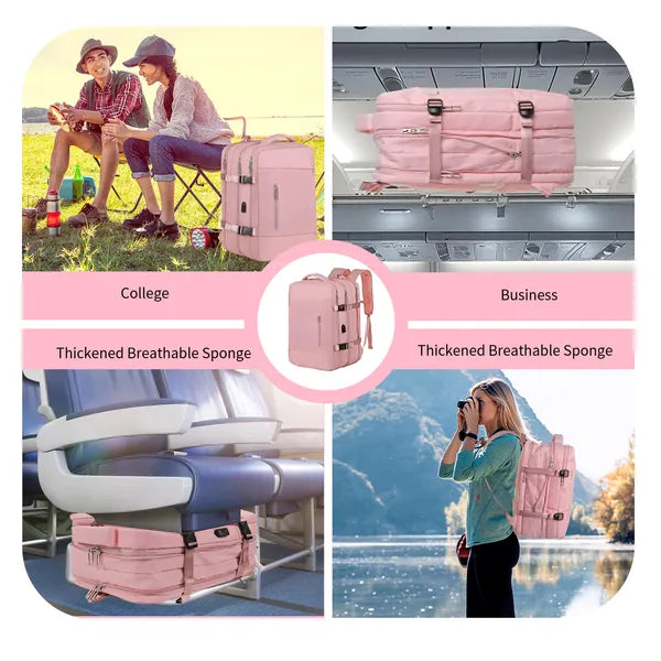 Expandable Travel Laptop Backpack for 15.6" Laptop, Water-Resistant Carry-On Personal Item Bag with USB Port & Shoe Compartment, Pink