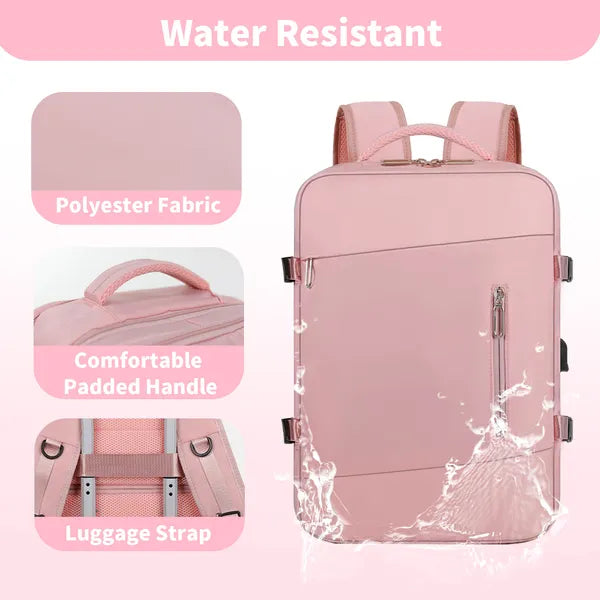 Expandable Travel Laptop Backpack for 15.6" Laptop, Water-Resistant Carry-On Personal Item Bag with USB Port & Shoe Compartment, Pink