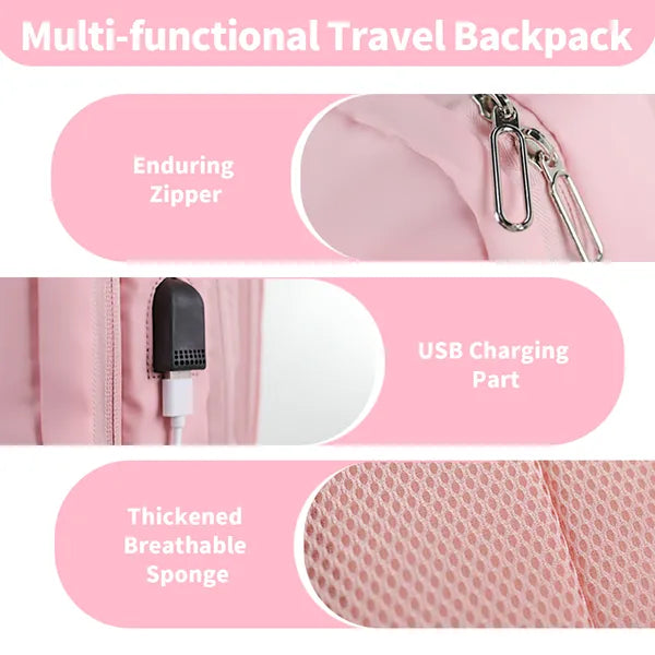 Expandable Travel Laptop Backpack for 15.6" Laptop, Water-Resistant Carry-On Personal Item Bag with USB Port & Shoe Compartment, Pink
