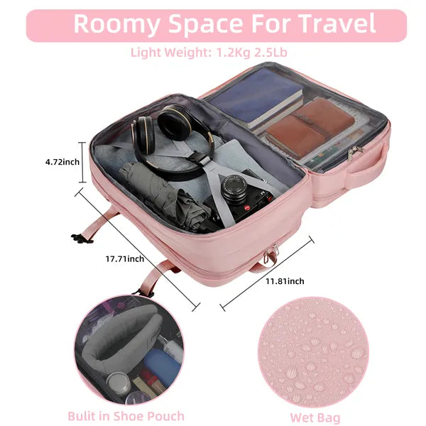 Expandable Travel Laptop Backpack for 15.6" Laptop, Water-Resistant Carry-On Personal Item Bag with USB Port & Shoe Compartment, Pink