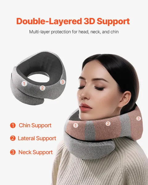 Memory Foam Travel Neck Pillow for Airplane, Double-Layered 3D Support 360° Rotation, with Eye Mask, Earplugs & Storage Bag, Black-Gray