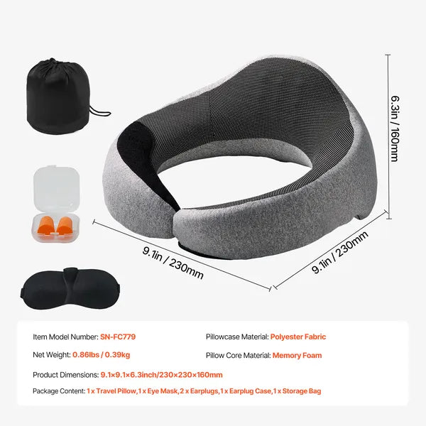 Memory Foam Travel Neck Pillow for Airplane, Double-Layered 3D Support 360° Rotation, with Eye Mask, Earplugs & Storage Bag, Black-Gray