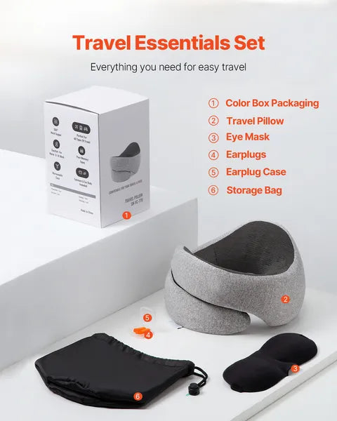 Memory Foam Travel Neck Pillow for Airplane, Double-Layered 3D Support 360° Rotation, with Eye Mask, Earplugs & Storage Bag, Black-Gray