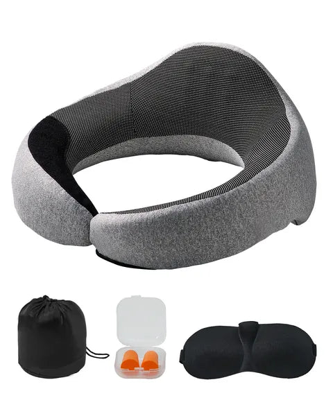 Memory Foam Travel Neck Pillow for Airplane, Double-Layered 3D Support 360° Rotation, with Eye Mask, Earplugs & Storage Bag, Black-Gray