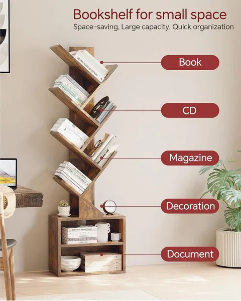 AEELLEEA Tree Bookshelf with Storage Cabinet, 0.8 sq ft 5-Tier Narrow Bookcase with Adjustable Shelves for Small Spaces Home Office