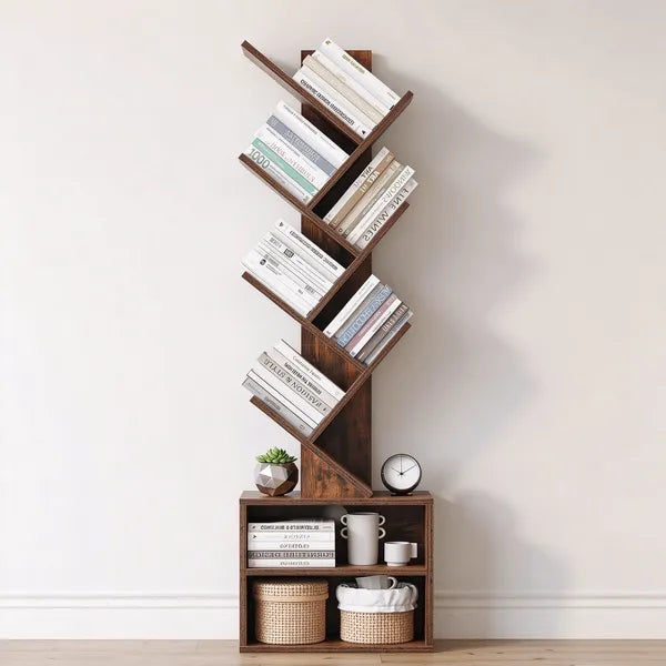AEELLEEA Tree Bookshelf with Storage Cabinet, 0.8 sq ft 5-Tier Narrow Bookcase with Adjustable Shelves for Small Spaces Home Office