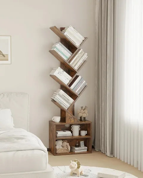 AEELLEEA Tree Bookshelf with Storage Cabinet, 0.8 sq ft 5-Tier Narrow Bookcase with Adjustable Shelves for Small Spaces Home Office