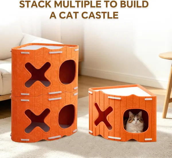 AEELLEEA Stackable Felt Cat House, Modular Corner Cat Cave, Indoor Triangle Cat Bed with Dual Holes, Stack to Build Cat Castle for Kitten & Small Cats