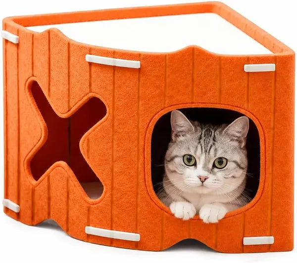 AEELLEEA Stackable Felt Cat House, Modular Corner Cat Cave, Indoor Triangle Cat Bed with Dual Holes, Stack to Build Cat Castle for Kitten & Small Cats