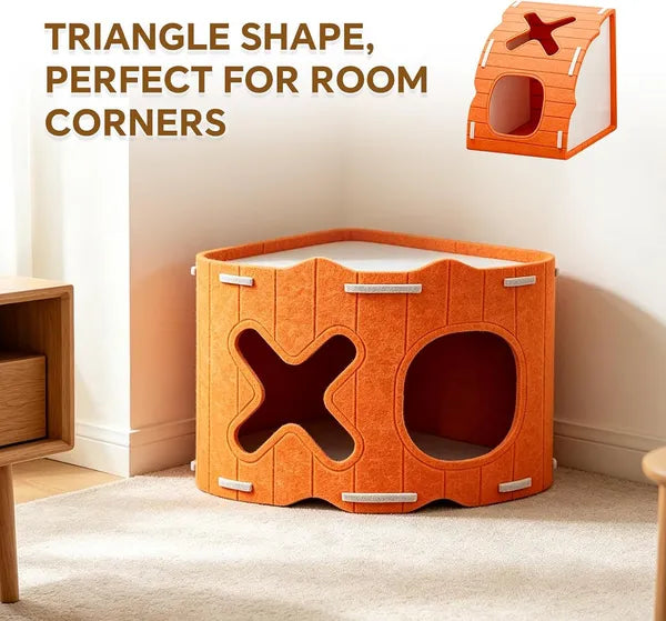 AEELLEEA Stackable Felt Cat House, Modular Corner Cat Cave, Indoor Triangle Cat Bed with Dual Holes, Stack to Build Cat Castle for Kitten & Small Cats