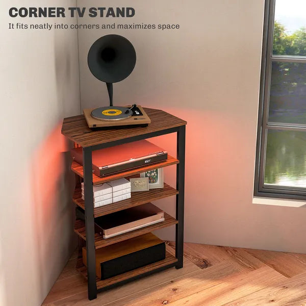 Aeelleea 4-Tier Industrial Corner Storage Shelf, 23.5×15.75×33.75 Inch Wooden Display Rack with Metal Frame for Living Room Bedroom