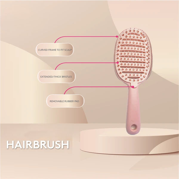 Vent Detangling Hair Brush with Curved Design, Nylon Bristles, Removable Pad, Wet & Dry Hair Brush, Pink
