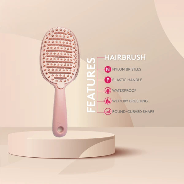 Vent Detangling Hair Brush with Curved Design, Nylon Bristles, Removable Pad, Wet & Dry Hair Brush, Pink