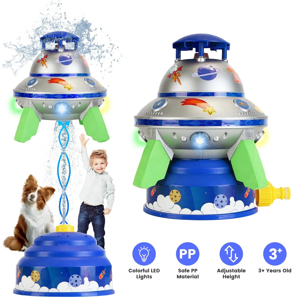 UFO Water Sprinkler for Kids, 360° Rotating Outdoor Summer Splash Toy with Colorful LED Lights, Adjustable Spray Height, Summer Water Gift for Boys Girls Age 3+
