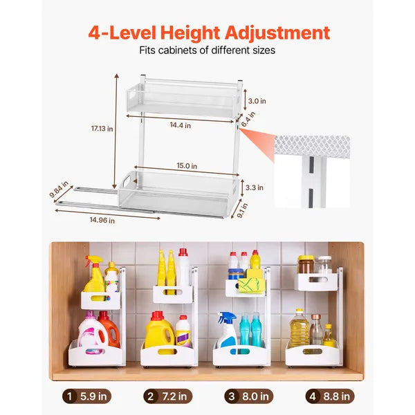 Aeelleea 2 Pack Under Sink Organizer 14.96×9.48×17.13in, Adjustable 4-Tier Height Pull Out Metal Cabinet Storage Shelf for Kitchen Bathroom, White