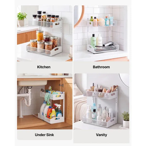 Aeelleea 2 Pack Under Sink Organizer 14.96×9.48×17.13in, Adjustable 4-Tier Height Pull Out Metal Cabinet Storage Shelf for Kitchen Bathroom, White