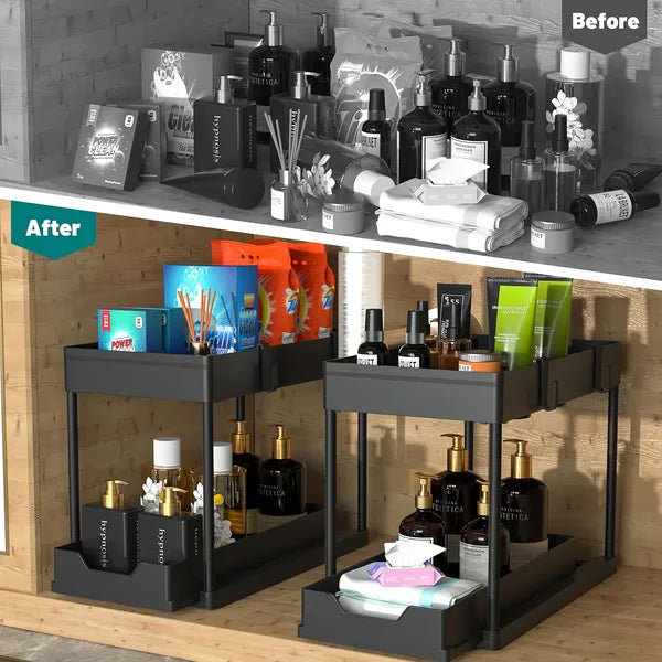 `Aeelleea 2‑Pack Pull‑Out Under Sink Organizer,12.8 Inch Multi‑Purpose Cabinet Storage Organizer for Kitchen & Bathroom,Black`