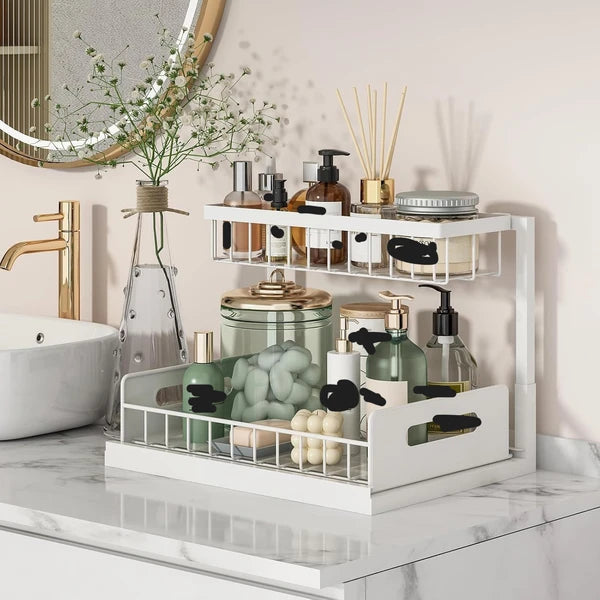 Aeelleea Under Sink Organizer, 2 Tier Pull Out Cabinet Shelf, Slide Out Black Kitchen Bathroom Storage