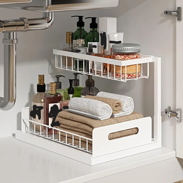 Aeelleea Under Sink Organizer, 2 Tier Pull Out Cabinet Shelf, Slide Out Black Kitchen Bathroom Storage