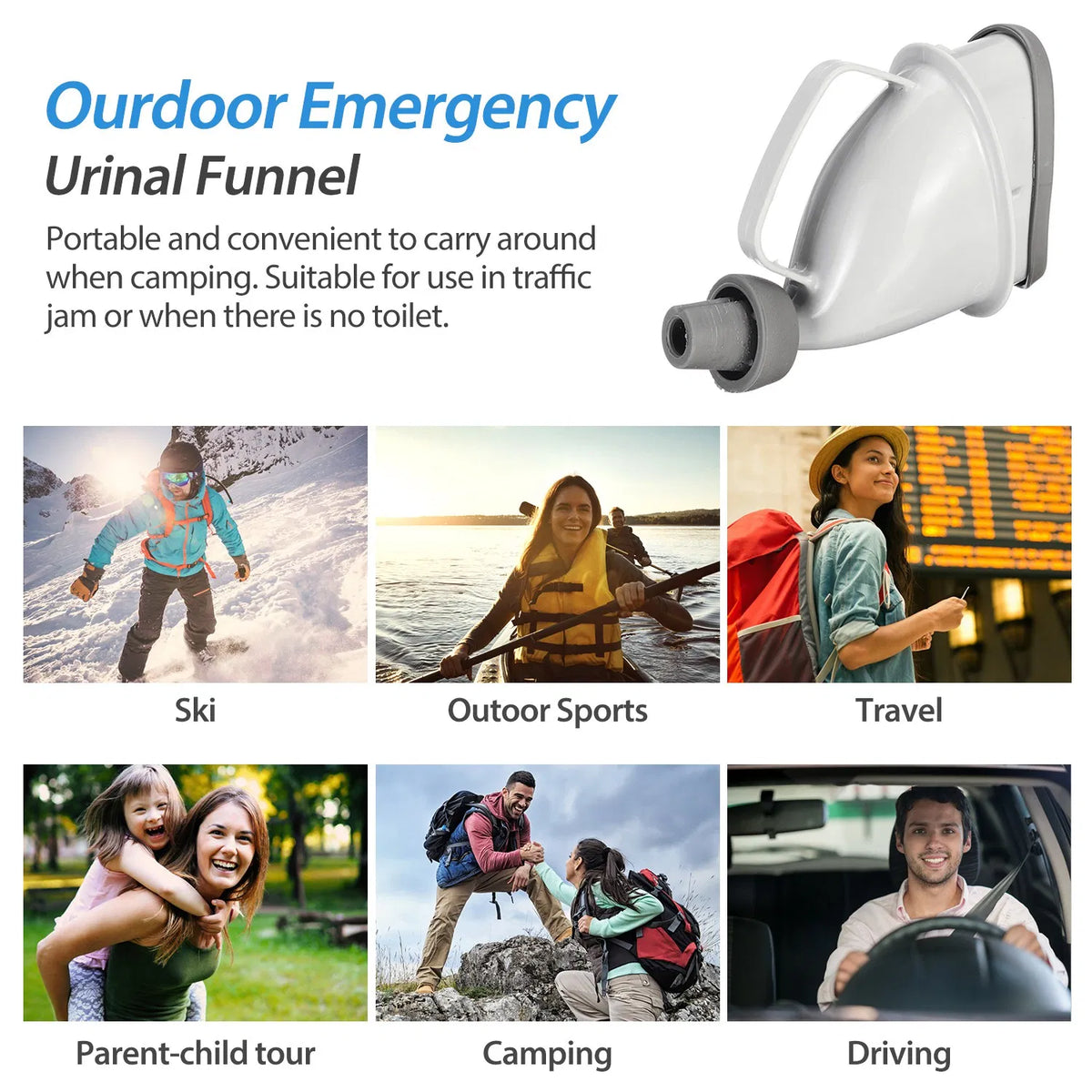 Portable Emergency Urinal Funnel for Men & Women, PP+TPR Standing Pee Funnel, Leak Proof Travel Urine Device for Car, Camping, Traffic Jam & Outdoor Use